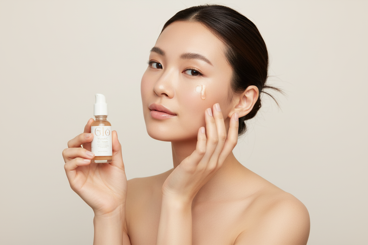 Lifestyle image with model using Vitamin C Serum